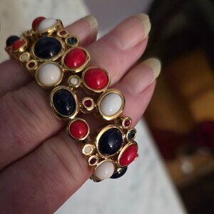 Gold Tone Red White Blue Cabochon Stretch Bracelet Statement Chunky Beaded